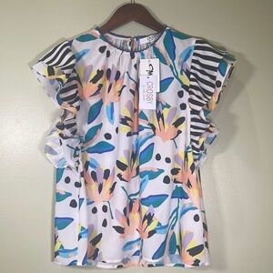 CROSBY by Mollie Burch - Zoe Top in Island Lilies, Flutter Sleeves, Size Large